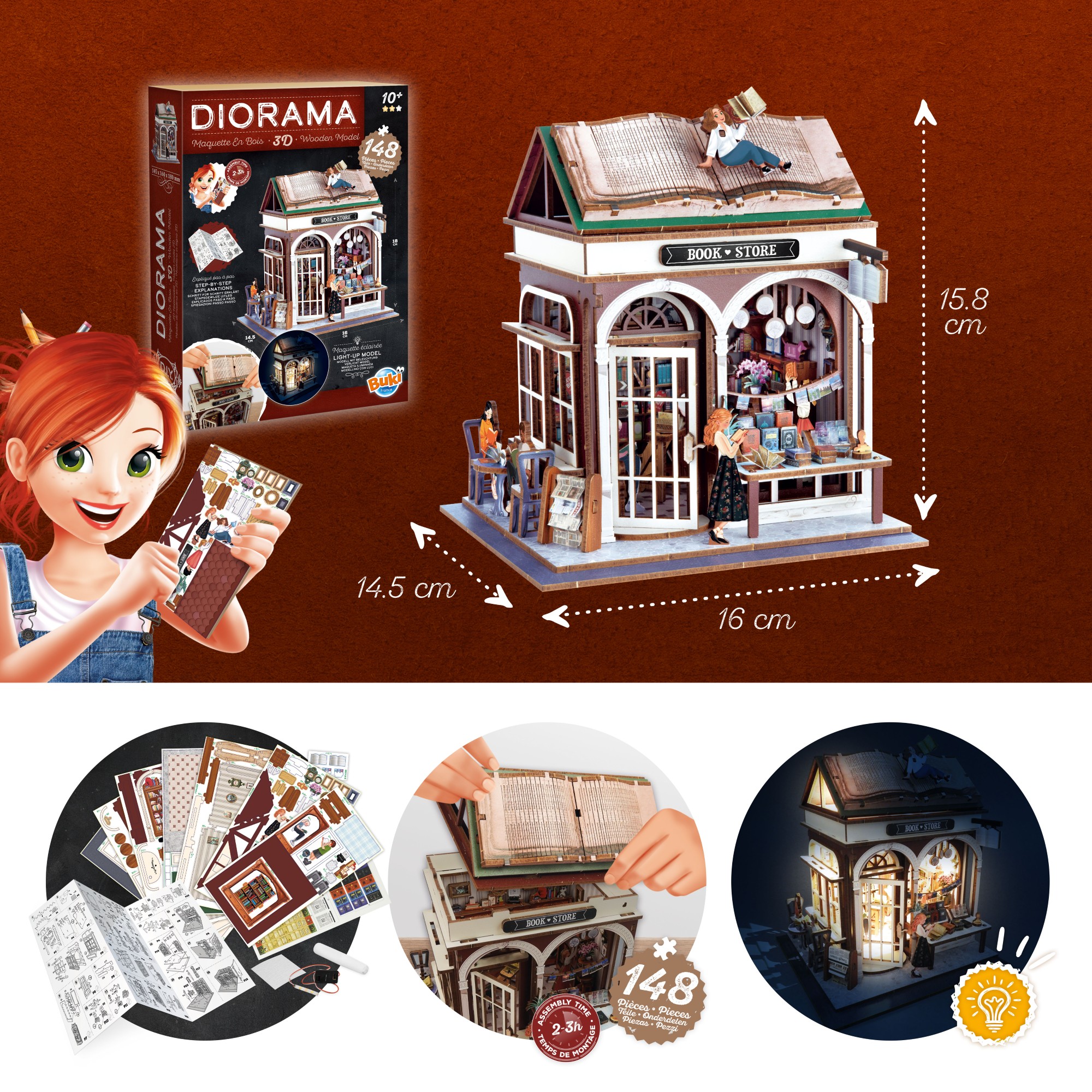 Buki Dřevěná 3D stavebnice Diorama Knihkupectví s LED osvětlením