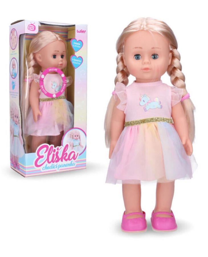 Wiky Dětská chodící panenka Eliška růžové šaty, 41cm