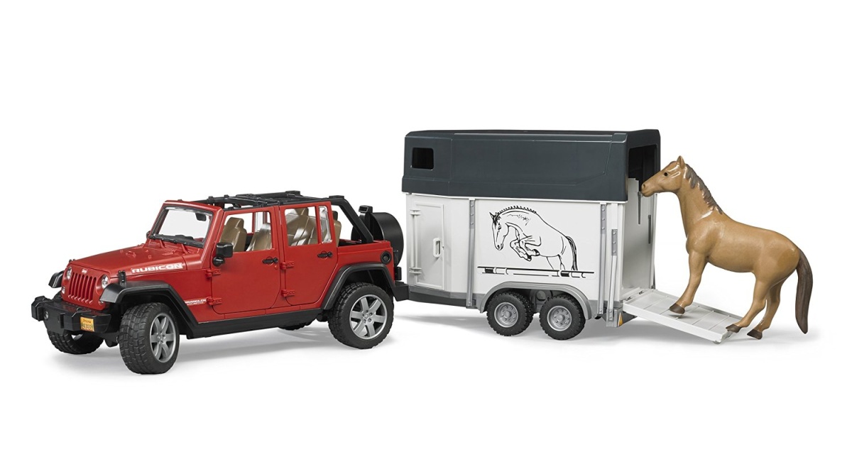 Bruder 2921 Jeep Wrangler Unlimited Rubicon s přívěsem na koně a kůň