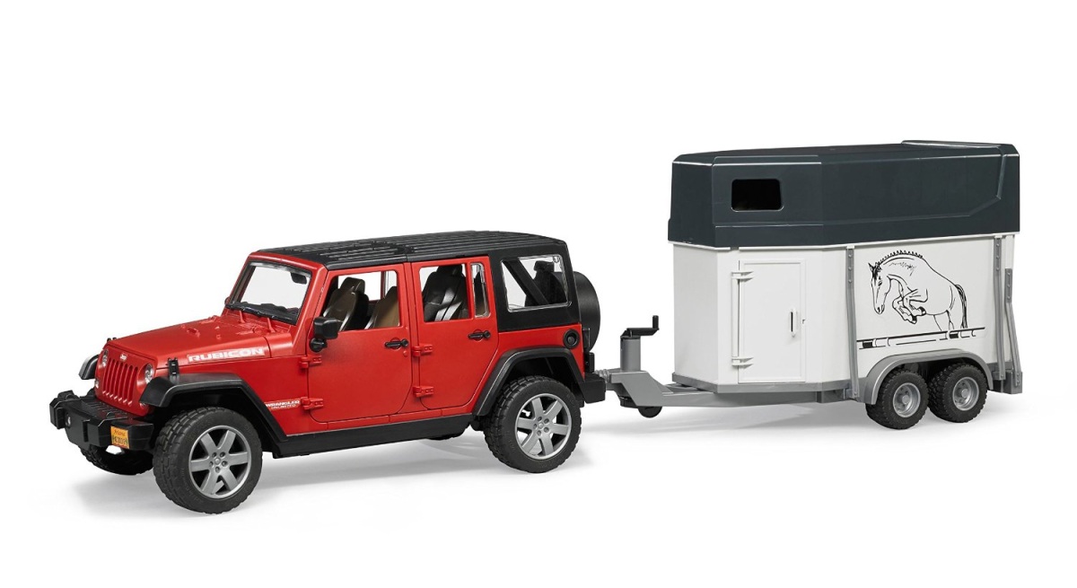 Bruder 2921 Jeep Wrangler Unlimited Rubicon s přívěsem na koně a kůň