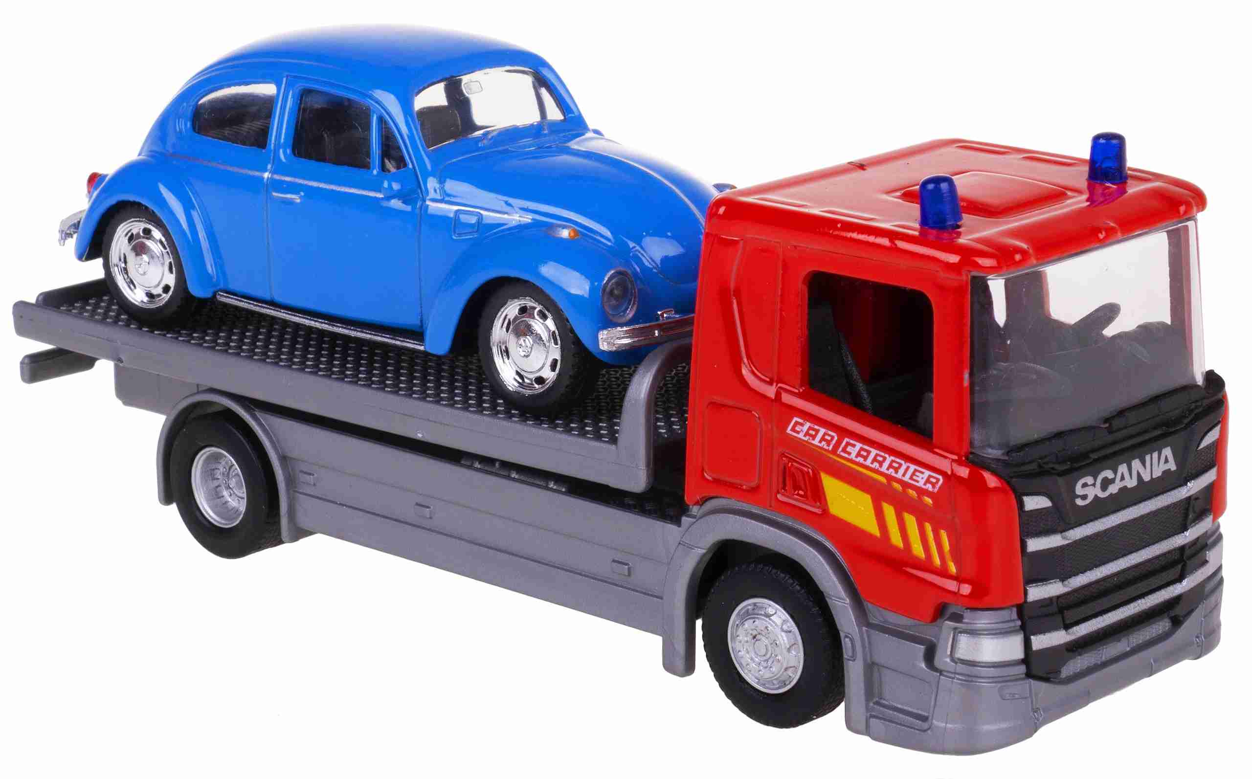 Welly Scania P320 (red) a VW Beetle (blue) 1:57/43