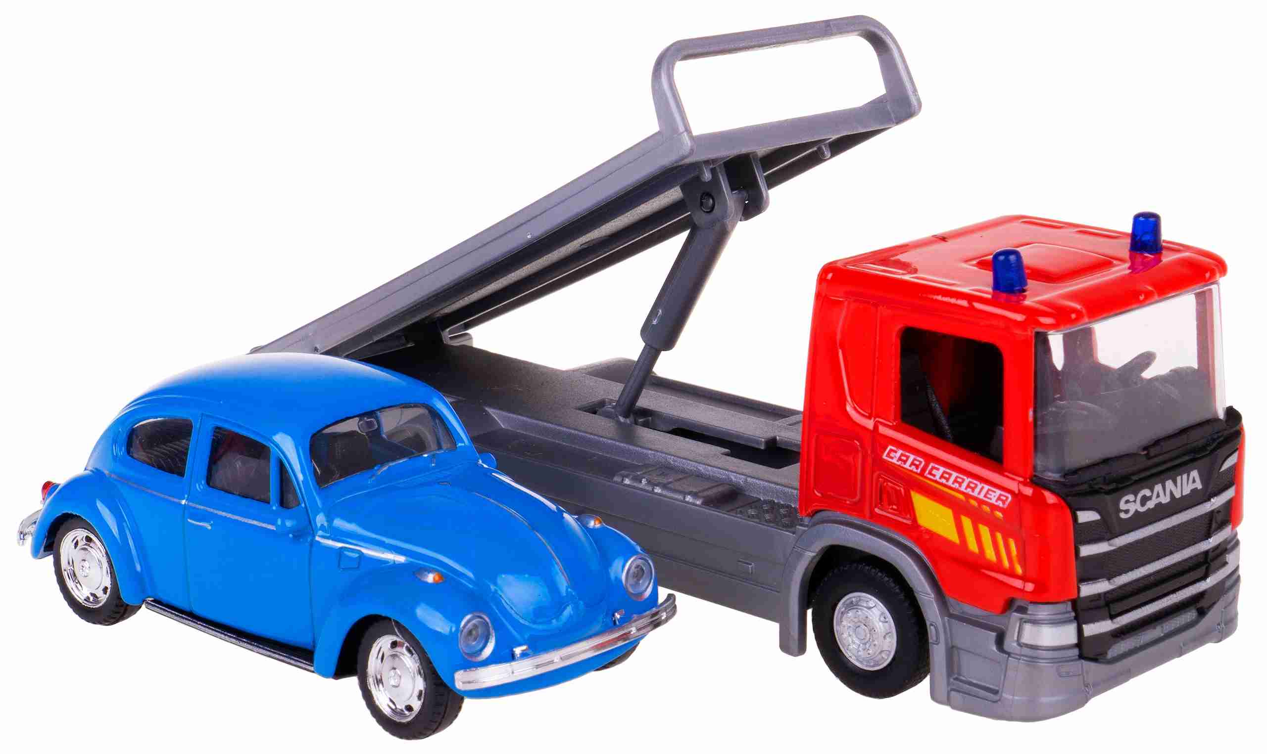 Welly Scania P320 (red) a VW Beetle (blue) 1:57/43