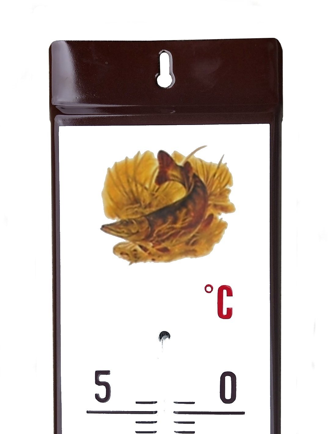 Venkovní teploměr smaltovaný, Hnědobílý 500x95 mm, Motiv štika
